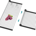 Extra Large Expandable Roll Up Dish Drying Rack,Over The Sink Drying Rack Sink Cover Kitchen Sink Accessories Kitchen Rolling up Stainless Steel Drainer, Foldable,Rollable（Black，25.1''-12.4''）
