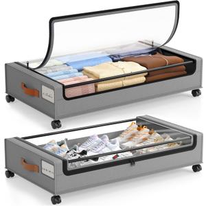 LAMU Under Bed Storage with Wheels, 2 Pack Under Bed Storage Containers with Clear Lid, XXL 60L Underbed Storage Bins, Rolling Under Bed Metal Drawers for Clothes, Blankets, Shoes, Grey