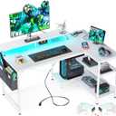 ODK 48 Inch Gaming Desk with USB Charging Ports and LED Lights, Reversible L Shaped Computer Desk with Storage Shelves & Monitor Stand, Corner Home Office Desk Table with Power Outlets, White (Pure White)