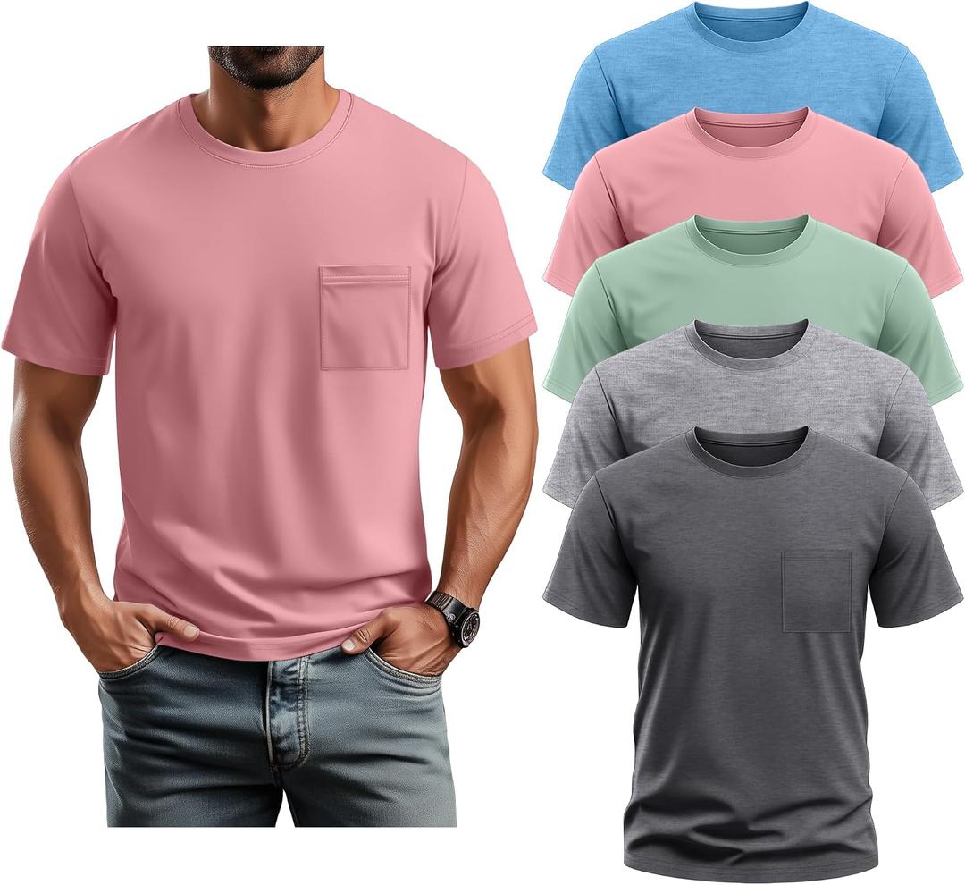 Neer 5 Pack Men's Big and Tall Pocket T-Shirt Crew Neck Short Sleeve Shirt Slim Fit Lightweight Top Casual Basic Tee (Gray, XL)