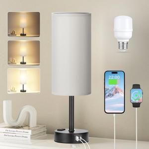 Grey Touch Bedside Lamp for Bedroom - 3 Way Dimmable Table Lamp USB C Charging Ports and AC Outlet, Small Desk Lamp for Living Room, Office, LED Bulb Included