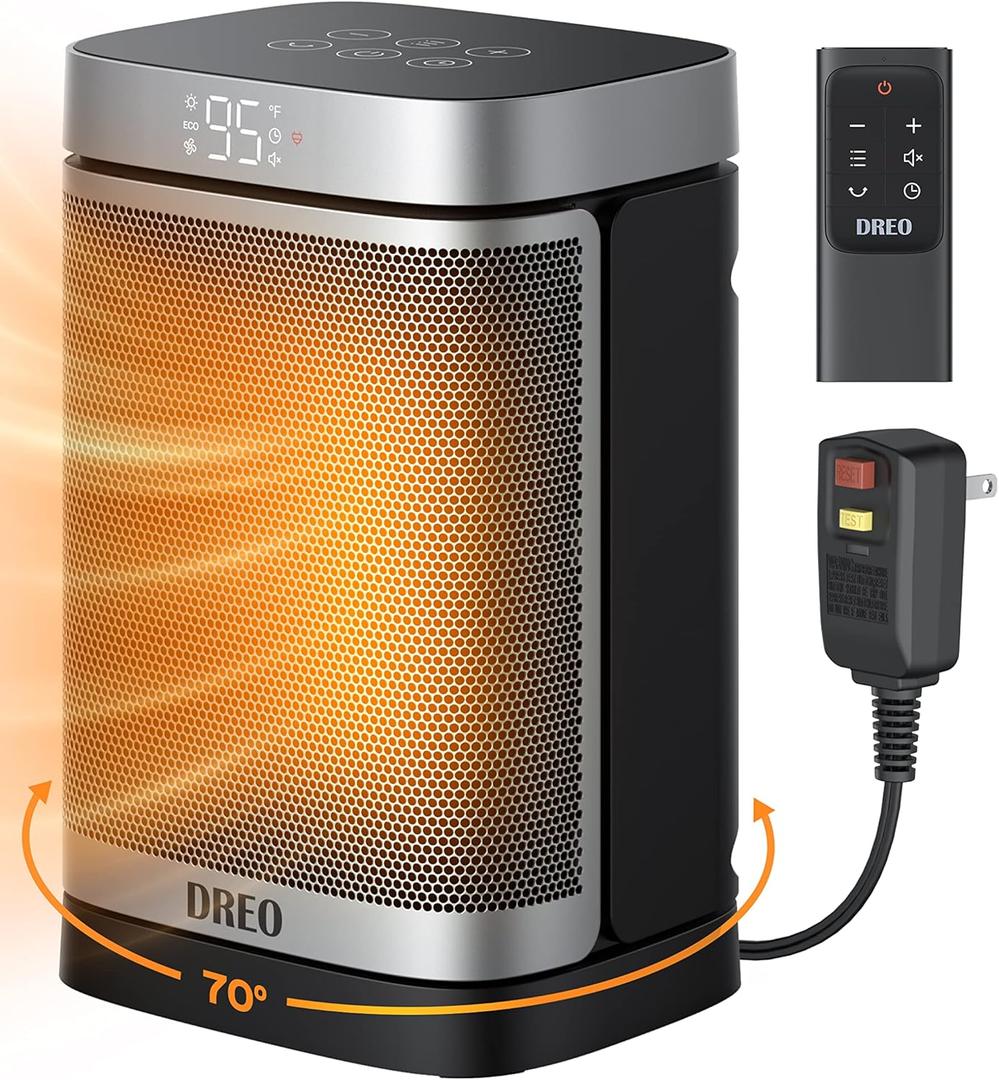 Dreo Space Heater for Bathroom and Indoor, Portable Heater, 1500W Safe and Quiet PTC Ceramic Heater, 40-95F Digital Thermostat, 70Oscillating, Remote, ALCI Safety Plug, 12h Timer, 5 Modes