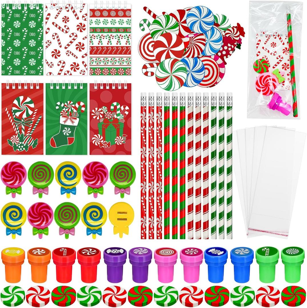 Cinrobiye 194 PCS Christmas Candy School Stationery Set Xmas Classrooms Exchange Stationery Party Favors Class Reward Prizes Notebooks Pencils Sharpener Erasers Stickers Stamps(Candy)