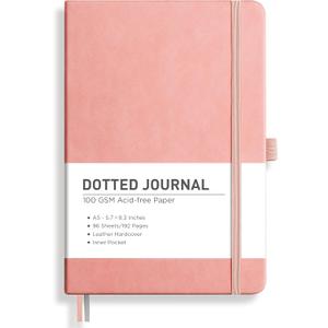 RETTACY Dotted Journal Notebook, 192 Pages, A5 Medium Size (5.7'' x 8.3''), Leather Hardcover, 100 GSM Thick Paper, for Journaling, Planning, Tracking (Pink)