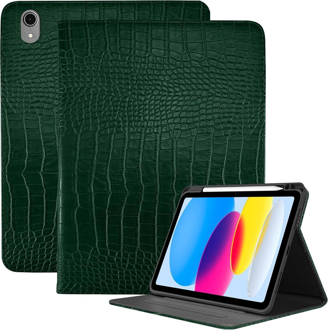 Premium Leather Compatible with iPad (A16) 11th Generation 11 Inch Case 2025, Compatible with iPad 10th Generation 10.9 Inch Case 2022, Pencil Holder Folio Crocodile Retro Women Girls-Dark Green