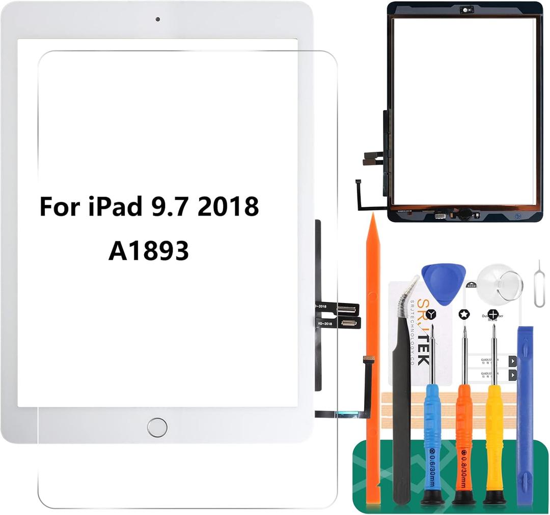 for iPad 9.7 2018 Touch Screen for iPad 6 Digitizer 6th Gen A1893 Screen Replacement A1954 Touch Glass Front Panel Sensor Installed Adhesive +Tools+Tempered Glass (with Home Button) (White)