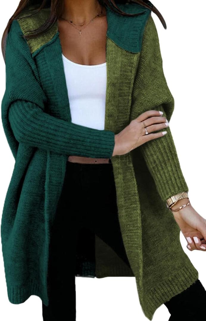 Astylish Women 2025 Fall Outfits Open Front Long Sleeve Hooded Knit Cardigan Sweaters Color Block Outwear Coats (Small, Z Blackish Green)