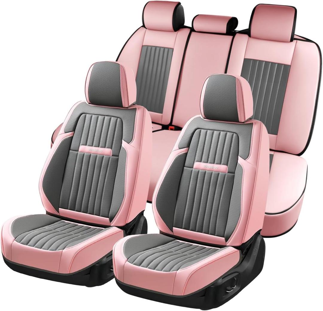 Coverado Car Seat Covers Full Set, Nappa Leather Seat Covers for Cars, Waterproof Car Seat Covers Front Seats and Back, Automotive Car Seat Protector Car Seat Cushion Fit for Most Cars (Pink&Grey)
