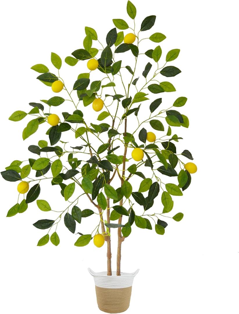Artificial Lemon Tree, 4ft Tall Fake Lemon Silk Plant with Woven Basket, Faux Lemon Plastic Fruit Tree for Indoor Home Decor Office Living Room