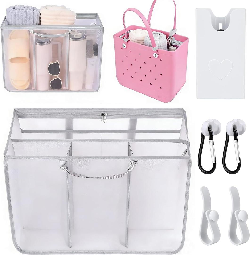 6 PCS Mesh Beach Bag Organizer Accessories for XL Bogg Bag, Gray Divider Insert with Phone Holder, Hooks and Carabiners, Storage Organizer for Extra Large Beach Tote