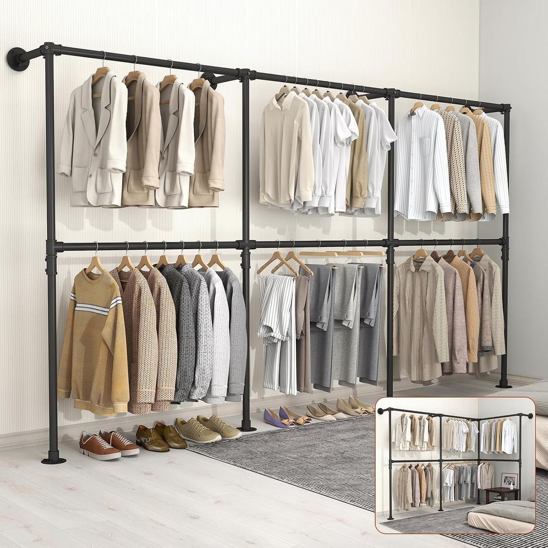 KELIXU 114.4" Industrial Pipe Clothing Rack for Wall Adjustable Height Wall Mounted Clothes Rack for Hanging Clothes, Heavy Duty Walk in Closet Systems, Garment Racks with Double Rods (Three, Black)