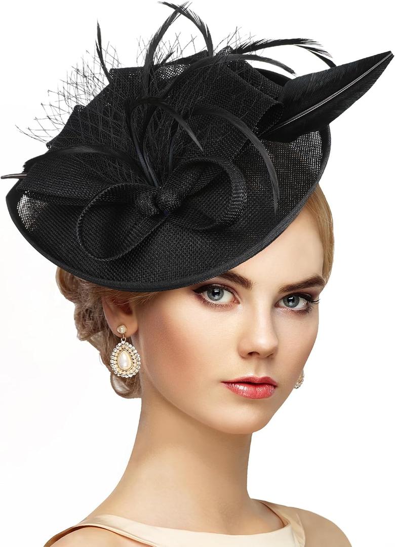 Zinniday Kentucky Fascinators Hats for Women - Vintage Tea Party Outfit Headband Church Derby Hat for Women (9.64x7.87inch) (Black)