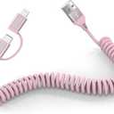 Pink Retractable Car Charger Coiled Lightning Cable - 2 in 1 Lightning and USB C Cable for Apple Carplay & Android Auto [MFi Certified] 3A Fast Charge & Data Sync Pink Coiled i Phone Charger Cord