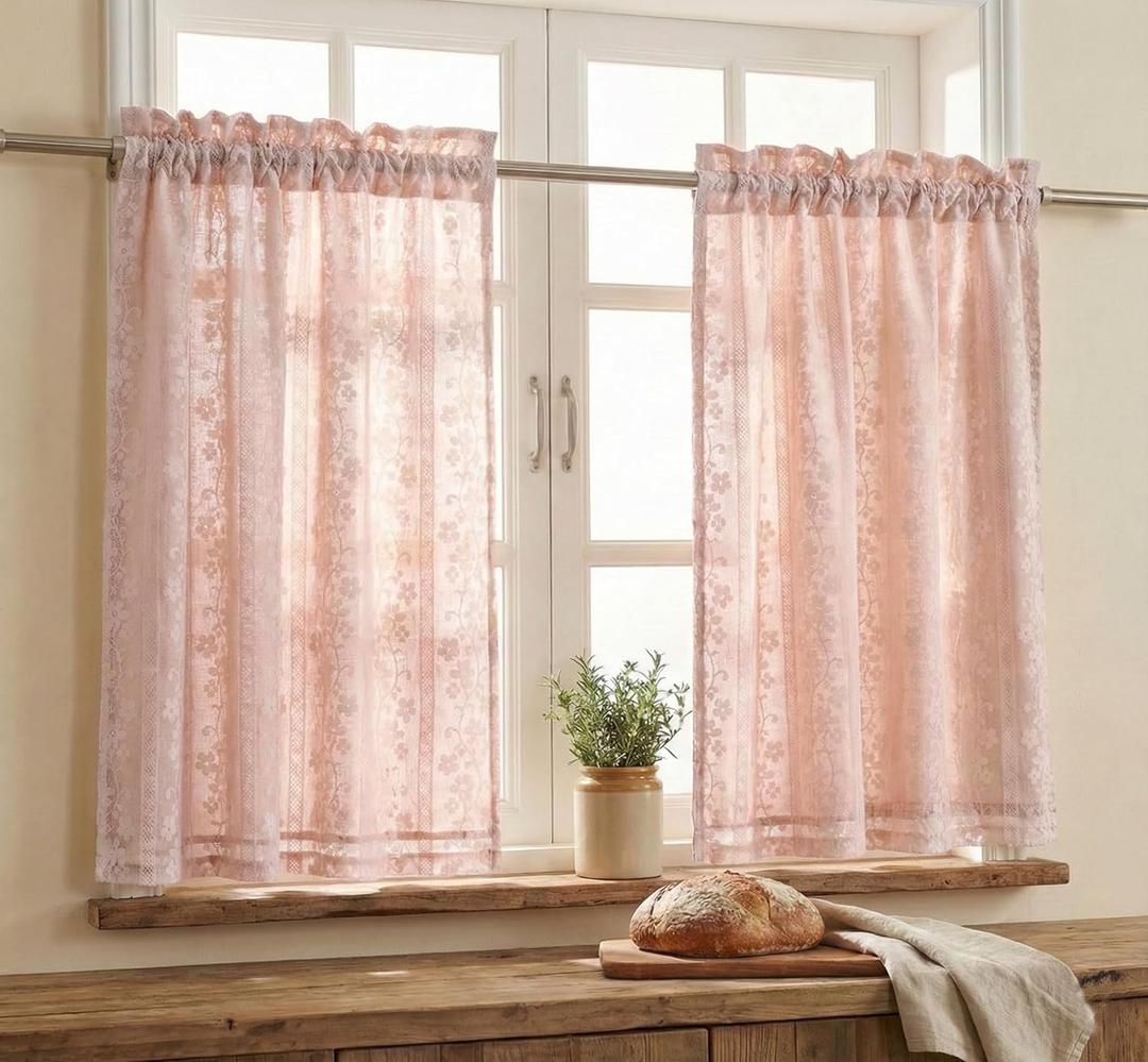 PONY DANCE Linen Pink Short Curtains for Living Room, Farmhouse Thermal Insulated Room Darkening Curtains, Double Layer Curtain for Girls' Bedroom, 29W x 36L, Blush Pink, 2 Panels