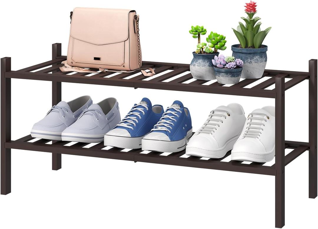 2-Tier Shoe Rack for Entryway, Bamboo Shoe Rack for Closet, Free Standing Shoe Racks for Indoor Outdoor, Stackable Shoe Shelf Storage Organizer for Hallway Closet (Brown)