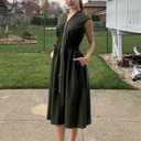 GRACE KARIN Womens Summer Casual Dress, Business Office Work Dresses, Cap Sleeve Zipper Front Flowy Midi Dress with Pockets (Green, XL)