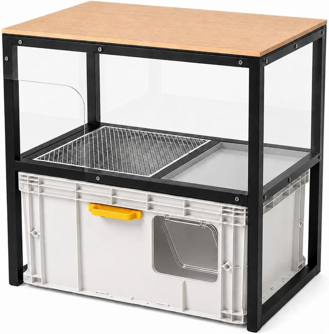 Cat Litter Box Enclosure with Litter Pan, Anti-Tracking Mesh Step, Pull-Out Tray, Clear Acrylic Splash Guards, Wood-Look Top Shelf, Hidden Cat Washroom Cabinet