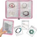 Bracelet Holder Travel Jewelry Organizer Case Transparent Jewelry Storage Book for Earring Necklace Ring with Small Clear Zippered Pouch (Pink,48 PCS Large Bags)