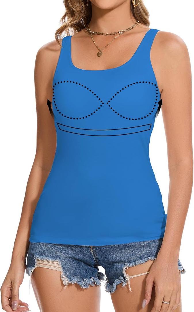 ANYFITTING Tank Tops with Built in Bras Padded Sewn in Camisole Wide Adjustable Strap Basic Undershirt Sleeveless Shirt Top (XX-Large, Blue)