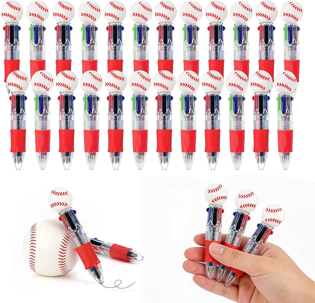 24Pcs Baseball 4-in-1 Multicolor Pens, Cute Mini Ballpoint Pens Bulk for Kids, Party Favors, Goodie Bag Stuffers, Sports Celebrations & Classroom Rewards