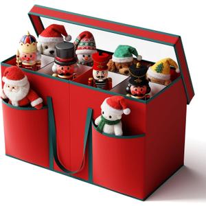 2 x Christmas Figurine Storage Box & Nutcracker Storage Containers with Visible Lid for 15-inch Collectibles, Large Holiday Ornament Decor Organizer Keeps 8 Figurines, Xmas Decoration Storage Box, Red