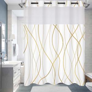 No Hook Shower Curtain with Snap in Liner Set, Grey Striped Geometric Shower Curtains for Bathroom Hotel 71x74 Inch Gold