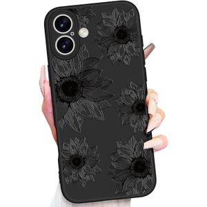 Toycamp for iPhone 16 Case 6.1 Inch - Women Girls Sunflower Cute Black Frosted Slim Fit Design Soft TPU Shockproof Protective Girly Aesthetic Pretty Fashion Unique Cover for iPhone 16 Phone Case