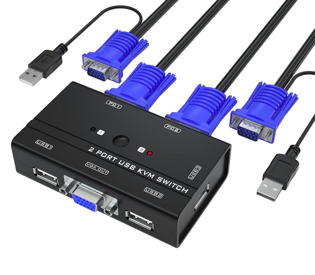 VGA KVM Switch, 2 Port USB VGA KVM Switch w/2 KVM Cables & 3 USB Hubs for 2 Computers Share One Monitor Keyboard Mouse with Physical Push Button Switching