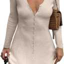 GCZREN Women Sexy Deep V Neck Button Front Knit Mini Dress Elegant Long Sleeve Ribbed Flowy Hem A-Line Short Dresses (Medium, Beige)
