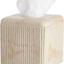 Natural Travertine Texture Striped Square Tissue Box Cover Decorative,Resin Heavy Sturdy Tissue Box Holder, Facial Paper Holder for Bathroom Vanity Countertop, Bedroom Night Stand,Office and End Table