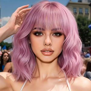 Short Curly Wavy Wig with Bangs for Women Purple Pink Wig Shoulder Length Bob Wig Women's Colorful Wigs Synthetic Heat Resistant Fiber Wigs for Cosplay Costume Party(14 Inches)
