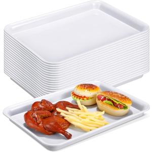 Ziliny 20 Pcs Plastic Serving Trays Bulk Plastic Serving Platters Reusable Rectangle Food Tray Stackable Party Trays for Dinner Snack Dessert in School Cafeteria(White,16 X 11)