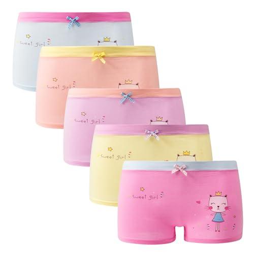 SYDMXWZ Cute Kitty Cat Print Girls Boyshorts Underwear – Soft Cotton Undies for Kids Age 8-12 Years, Pack of 5, Comfortable & Breathable for Everyday Wear (8Y-12Y)