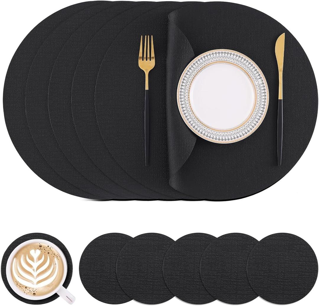 Homaxy Round Faux Leather Placemats and Coasters, Washable Dual-Side Table Mats, Wipeable Heat-Resistant Dining Place Mats for Outdoor and Indoor, Set of 6, Diameter 13 and 3.93 inch, Black