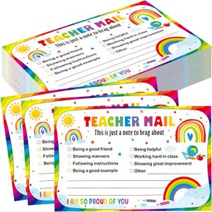 Pasimy 200 Pcs Teacher Mail Cards Rainbow Boho Classroom Positive Teacher Mail Notes to Parents Good Behavior Incentive Postcards Brag to Send Home Classroom Students Preschool Kindergarten Decor