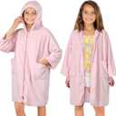 SUN CUBE Hooded Towel Robe for Kids, Zip Up Swim Parka Beach Cover Up for Girls Boys, Surf Poncho Changing Bath Towel 7-10 (Light Pink)