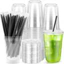 100 Pack Clear Plastic Cups with Flat Lids and Straws, 16 oz Disposable Iced Coffee To Go Cups, Plastic Smoothie Cold Drink Cup for Party, Picnic, Travel