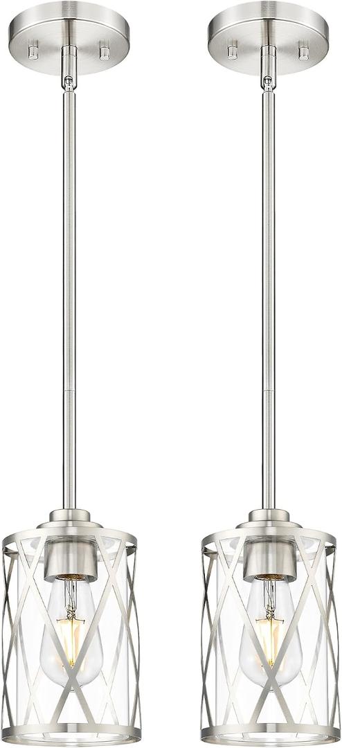 Beionxii 2 Pack Brushed Nickel Pendant Lights Kitchen Island, Glass Pendant Light Fixtures with Clear Glass and Rods, Kitchen Pendant Lighting Over Island, BX-PL07BN-2PK