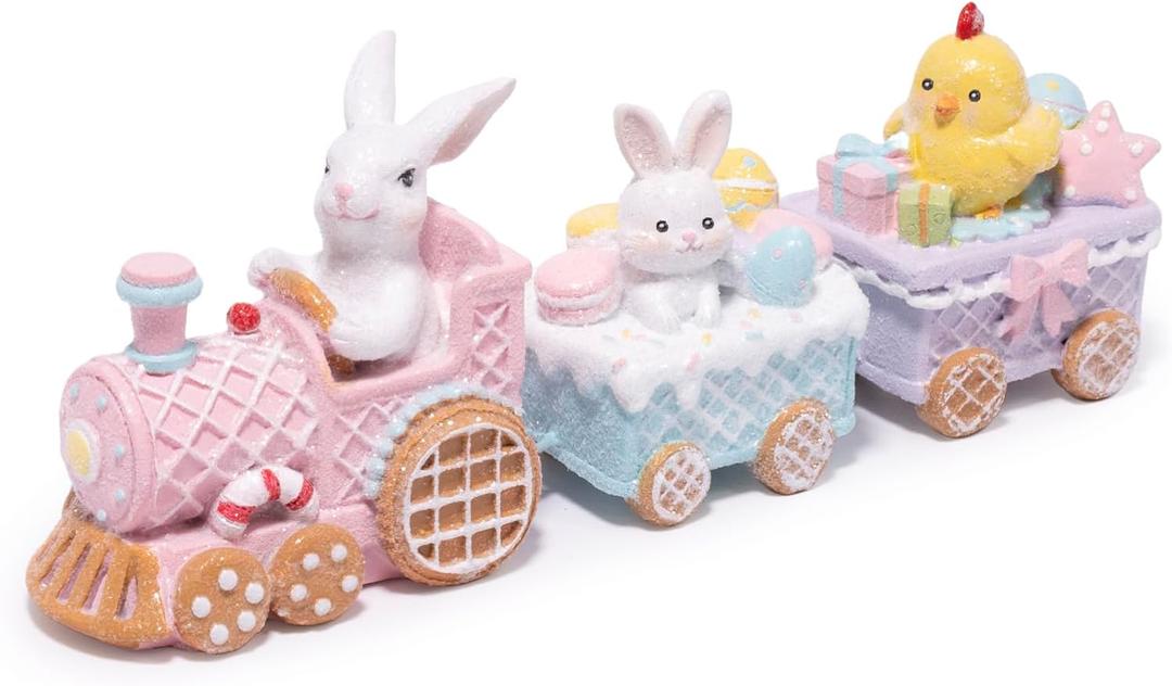 Hodao Easter Bunny Train Figurine, Gingerbread Style Decor Train with Rabbits, Chicks and Easter Eggs, Colorful Spring Holiday Tabletop Decoration for Home, Tiered Tray and Farmhouse 
