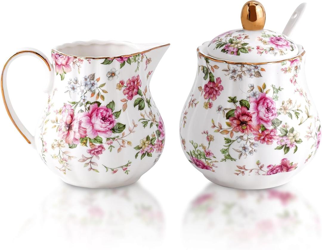 Ceramic Sugar and Creamer Set, 3 Piece Set with Cream Pitcher, Sugar Bowl, Sugar Set with Lid and Spoon (White with flower)
