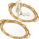 Reallnaive 2 Pcs Antique Decorative Mirror Tray Gold Makeup Organizer Gold Mirror Tray Vintage Perfume Tray Jewelry Organizer Vintage Serving Tray, 15.35 x 9.45 Inch