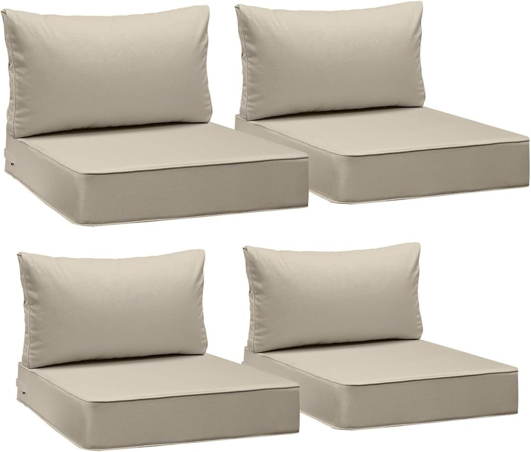 AAAAAcessories Outdoor Seat Cushions for Chairs, Fade-Resistant, Waterproof Patio Furniture Replacement Cushions, 25.5" x 25.5" x 5" + 25.5" x 13.5", Set of 4, Beige