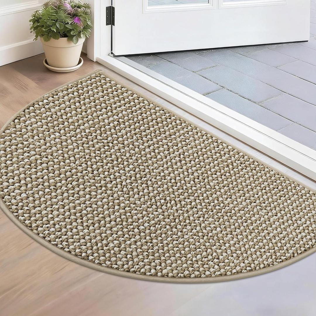 BEQHAUSE Dirt Trapper Door Mat 17" x 30" Half Circle Non-Slip Washable Doormats Entrance Rugs Absorbent Welcome Low Profile Floor Mats for Front Back Door and Entryway, Light Beige (1'5" x 2'6" (Semicircular))