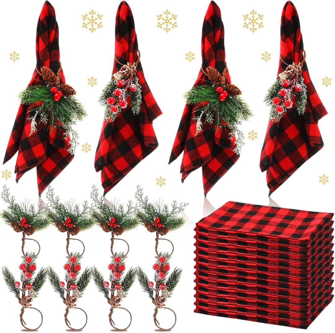 Christmas Napkins and Ring Set 12 Cloth Dinner Napkin Cocktails Buffalo Plaid Napkins 12 Christmas Napkin Rings Pine Cone Holder for Holiday Party Supplies