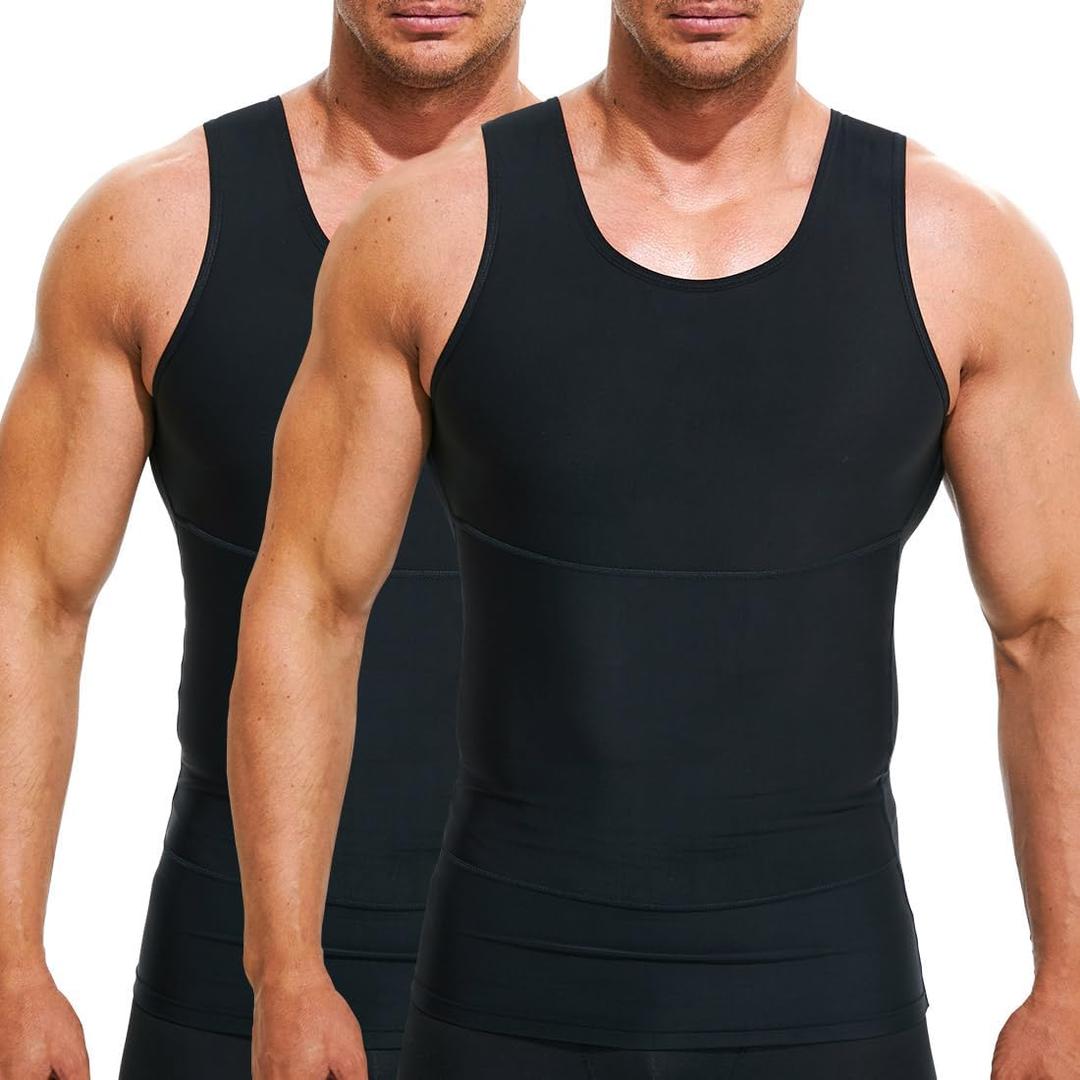 Mens Compression Shirt Slimming Undershirt Body Shaper Vest Workout Tank Tops Shapewear Abs Abdomen (Large, 2 Pack Black)