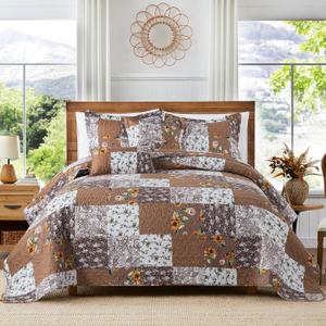VAPUTAR Quilts Queen Size, Quilt Bedding Set with Floral Pattern, Soft and Breathable Coverlet Set, Lightweight Reversible Bedspread Suitable for All Season (90X98 inch, Brown)