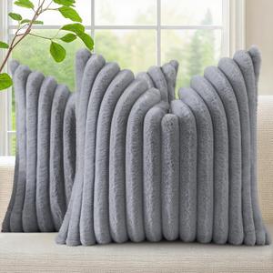 decorUhome Faux Fur Spring Throw Pillow Covers 22x22 Set of 2, Decorative Soft Plush Striped Neutral Couch Euro Sham Pillow Covers with Velvet Back for Sofa, Bed, Living Room Home, Grey