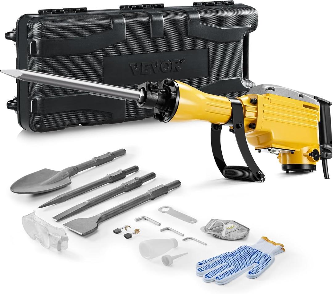 VEVOR Demolition Jack Hammer, 2200W 1350 BPM Jack Hammer Concrete Breaker, Heavy Duty Electric Jack Hammer 4pcs Chisels Bit with Gloves, 360 Swiveling Front Handle for Trenching and Breaking Holes (Yellow)