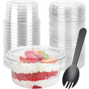 12oz Plastic Dessert Cups with Flat Lids (No Hole) and SpoonsDisposable Snack Cups for Ice Cream, Pudding,Desserts at Party, Fruit Cup. (50)
