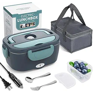Herrfilk Electric Lunch Box Food Heater, 3 in 1 Ultra Quick Heated Lunch Boxes for Adults, 12V/24V/110V Portable Food Warmer for Car/Truck/Office With Fork Spoon and Insulated Carry Bag